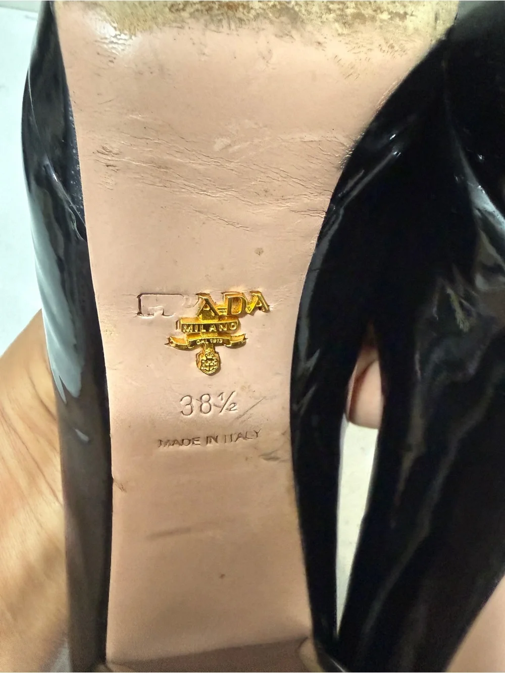 Prada Black Patent Peep-Toe Heels. Chic and very comfy, perfect for wider feet